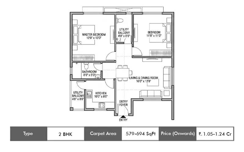 Southfield Full Marks Homes 2 BHK floor plan, 579 sq ft carpet area
