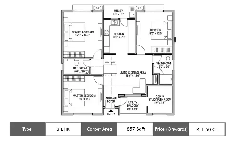 Southfield Full Marks Homes 3 BHK floor plan, 857 sq ft carpet area